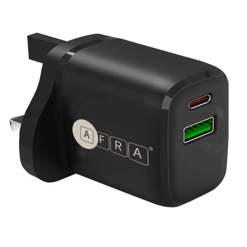 AFRA USB Wall Charger, 20W, 3A Charging Speed, Dual Ports, USB A, USB C, Fast Charging, Light, Overheat and Short Circuit Protection, Compact Design