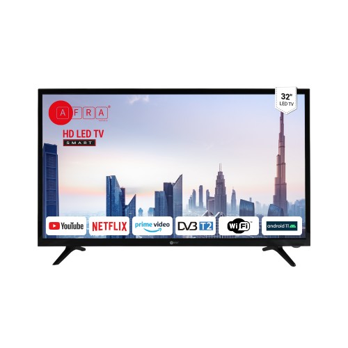 AFRA Japan Smart TV, AF-3211HDBK, 32’’, HD, LED, Android 11, HDMI, USB, VGA, PC & Game Console Connection, Internet, Streaming, Netflix, Hulu, YouTube, Prime Video, 2 years warranty.