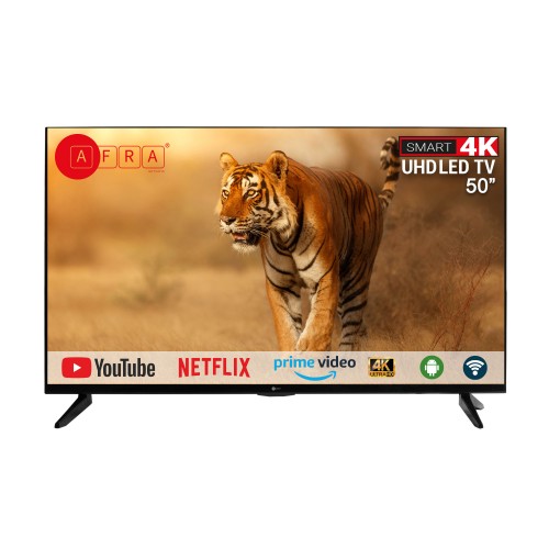 تلفزيون ذكي من افرا اليابان، 50 بوصة، (UHD)، 4K، تقنية LED، نظام التشغيل Android 11، منافذ HDMI و USB و VGA، إمكانية الاتصال بأجهزة الكمبيوتر وأجهزة الألعاب، خدمات الإنترنت، البث، ضمان لمدة سنتين.