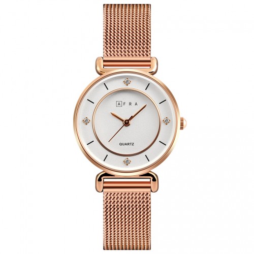 AFRA Shae Lady’s Watch, Rose Gold Metal Alloy Case, White Dial, Rose Gold Mesh Bracelet Strap, Water Resistant 30m