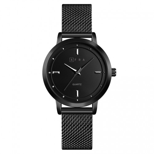 AFRA Avril Lady’s Watch, Black Metal Alloy Case and Metal Mesh Bracelet Strap, Black Dial, Water Resistant 30m