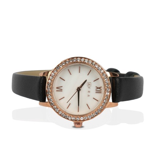 AFRA Ornate Lady’s Watch, Rose Gold Metal Alloy Case, Black Leather Strap, Water Resistant 30m