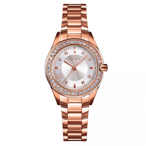 AFRA Celeste Lady’s Watch, Rose Gold Metal Alloy Case, Silver Dial, Rose Gold Bracelet Strap, Water Resistant 30m