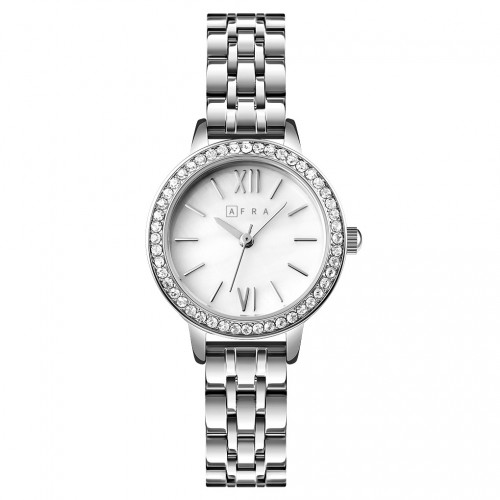 AFRA Ornate Lady’s Watch, Silver Metal Alloy Case, Silver Bracelet Strap, Water Resistant 30m