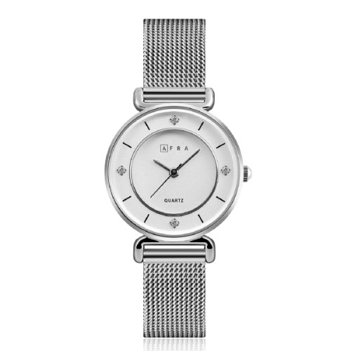 AFRA Shae Lady’s Watch, Silver Metal Alloy Case, White Dial, Silver Mesh Bracelet Strap, Water Resistant 30m