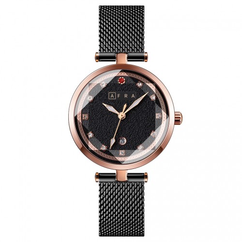 AFRA Regina Lady’s Watch, Rose Gold Case, Black Dial, Black Metal Mesh Bracelet Strap, Water Resistant 30m