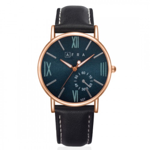 AFRA Triton Gentleman’s Watch, Japanese Design, Rose Gold Metal Alloy Case, Blue Dial, Black Leather Strap, Water Resistant 30m