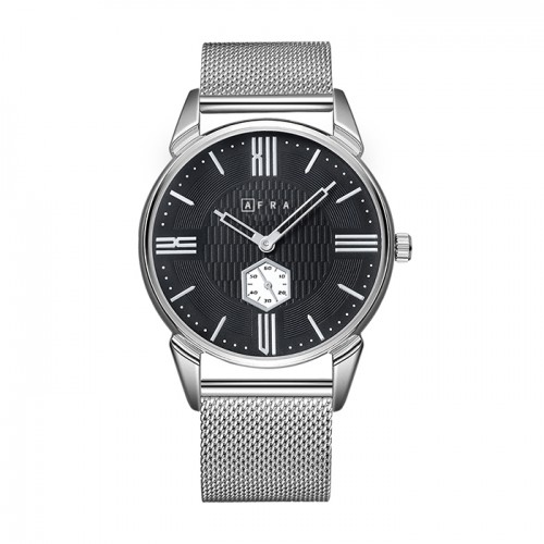 AFRA Moment Gentleman’s Watch, Japanese Design, Silver Metal Case, Black Dial, Silver Mesh Bracelet, Water Resistant 30m